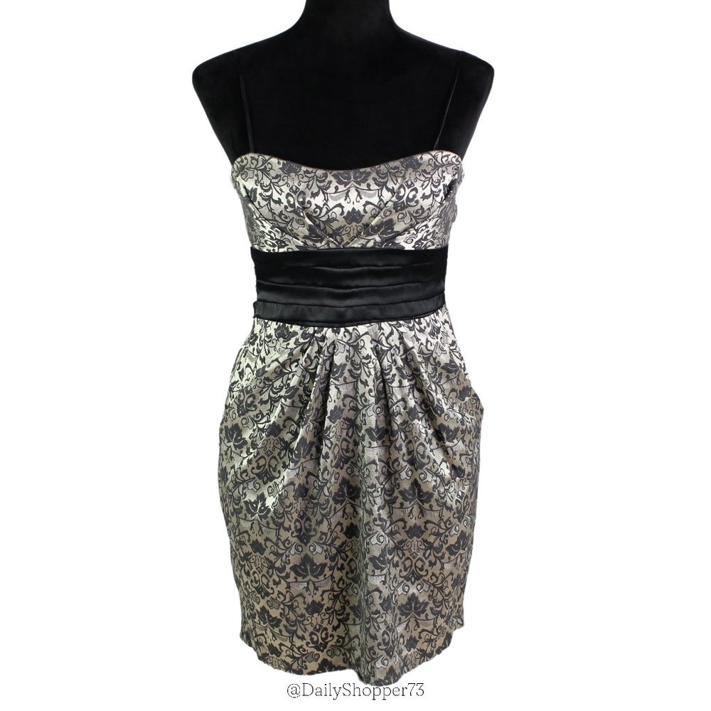 Speechless Juniors Fitted Sheath Black & Champagne Gold Jacquard Mini Dress